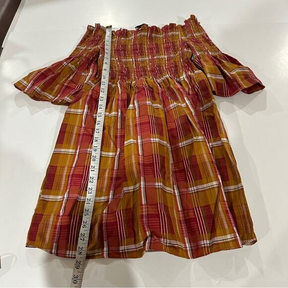 Zara Orange & Red Plaid Off the Shoulder Smoked Dress Size XS - Picture 11 of 11